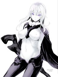 Rule 34 | 10s, 1girl, :o, abyssal ship, bodysuit, breasts, cape, covered erect nipples, hat, unworn hat, unworn headwear, huge breasts, kantai collection, long hair, looking at viewer, monochrome, nanase mizuho, open mouth, pale skin, purple eyes, purple theme, silver hair, simple background, solo, twitter username, white background, wo-class aircraft carrier