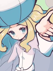 Rule 34 | 1girl, arm up, blonde hair, caitlin (pokemon), closed mouth, commentary request, creatures (company), donguri big, dress, elite four, eyelashes, game freak, grey eyes, hat, highres, long hair, long sleeves, looking up, nintendo, pokemon, pokemon bw, see-through, solo, white dress