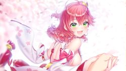 Rule 34 | 1girl, ahoge, back cutout, blush, breasts, cherry blossom print, clothing cutout, detached sleeves, floral print, green eyes, hair ornament, hairclip, highres, holding hands, hololive, looking at viewer, noname (metaldragonfly), open mouth, pink hair, sakura miko, sakura miko (1st costume), sideboob, tongue, virtual youtuber, x hair ornament