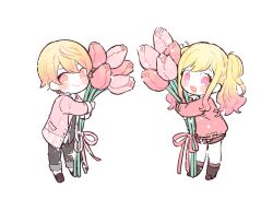 Rule 34 | 1boy, 1girl, blazer, blonde hair, boots, bright pupils, brother and sister, brown footwear, brown jacket, chibi, closed mouth, collared shirt, commentary, double-parted bangs, flower, full body, gradient hair, grey necktie, grey pants, holding, holding flower, jacket, loafers, long hair, long sleeves, looking at viewer, multicolored hair, necktie, hugging object, open clothes, open collar, open jacket, orange eyes, orange hair, oversized object, pants, pastel colors, pink eyes, pink flower, pink hair, pink ribbon, pink sweater, pink tulip, poppu usagi, project sekai, purple pants, ribbon, shirt, shoes, short hair, siblings, sideways glance, simple background, smile, sparkle, stalk, sweater, swept bangs, tenma saki, tenma tsukasa, tulip, unbuttoned, wavy hair, white background, white shirt, yellow jacket