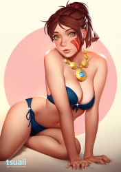 Rule 34 | 1girl, bare shoulders, bikini, blue bikini, borrowed character, breasts, brown hair, chain, chain, circle, cleavage, commentary, commission, earrings, english commentary, freckles, gem, gold chain, highres, jewelry, lips, looking at viewer, marking on cheek, markings, medium breasts, necklace, original, pinup (style), side-tie bikini bottom, solo, strapless, strapless bikini, swimsuit, tsuaii, yellow eyes