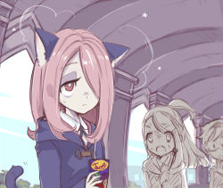 Rule 34 | 10s, 3girls, animal ears, cat ears, cat tail, glasses, hair over one eye, juice box, kagari atsuko, little witch academia, long hair, lotte jansson, maodouzi, multiple girls, open mouth, pink hair, red eyes, short hair, sucy manbavaran, tail, wand, witch