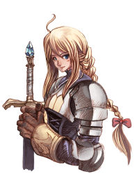 Rule 34 | 1girl, agrias oaks, ahoge, armor, braid, braided ponytail, breastplate, female focus, final fantasy, final fantasy tactics, holding, holding sword, holding weapon, long hair, looking at viewer, shoulder pads, shu-tokutomi, simple background, single braid, solo, sword, upper body, very long hair, weapon, white background