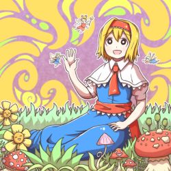 Rule 34 | 1girl, alice margatroid, alison (alison airlines), ascot, black eyes, blonde hair, capelet, fairy, grass, hairband, mushroom, psychedelic, sash, touhou