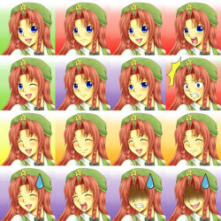 Rule 34 | 1girl, angry, blue eyes, blush, braid, character sheet, chart, closed eyes, embarrassed, expressions, female focus, frown, gradient background, happy, hat, hong meiling, long hair, one eye closed, open mouth, red hair, sad, seven star, smile, solo, star (symbol), surprised, sweatdrop, tears, touhou, twin braids, upper body, wink