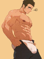 Rule 34 | 1boy, abs, ass, ass lift, bara, blush, bulge, bulge lift, dark-skinned male, dark skin, dressing, feet out of frame, from side, i&#039;ve never seen a guy recreate this successfully tbh (meme), large pectorals, long sideburns, looking away, male focus, male underwear, masayoshi togashi (alu379), meme, muscular, muscular male, navel hair, nipples, open pants, original, pants, pants lift, pectorals, see-through, short hair, sideburns, solo, squiggle, stomach, sweat, thick eyebrows, topless male, undersized clothes, underwear, wet, wet clothes, wet male underwear, white male underwear