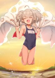 Rule 34 | 1girl, :d, ^ ^, ahoge, bare legs, bare shoulders, barefoot, blanket, blush, closed eyes, collar, collarbone, commentary request, day, demon wings, face, fang, flat chest, full body, grey hair, happy, highres, jumping, makaino ririmu, name tag, nijisanji, one-piece swimsuit, open mouth, outdoors, pointy ears, red wings, school swimsuit, smile, solo, sparkle, sunset, swimsuit, twintails, utsusumi kio, virtual youtuber, water, wings