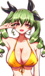 1girl anchovy_(girls_und_panzer) bikini black_ribbon breasts cat_earthen_pot cleavage commentary drill_hair fang front-tie_bikini_top front-tie_top girls_und_panzer green_hair hair_ribbon half-closed_eyes halterneck highres long_hair looking_at_viewer open_mouth red_eyes ribbon simple_background skin_fang smile solo swimsuit symbol-only_commentary twin_drills twintails upper_body v_over_eye white_background