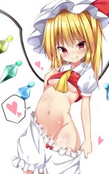 Rule 34 | 1girl, :q, ascot, blonde hair, bloomers, bloomers pull, blush, breasts, closed mouth, clothes pull, collared shirt, cowboy shot, crystal, flandre scarlet, frilled shirt collar, frills, furrowed brow, groin, hat, hat ribbon, head tilt, highres, licking lips, looking at viewer, medium hair, mob cap, naughty face, navel, one side up, puffy short sleeves, puffy sleeves, red eyes, red ribbon, red vest, ribbon, sabana, shirt, short sleeves, simple background, small breasts, smile, solo, standing, stomach, tongue, tongue out, touhou, underwear, vest, white background, white bloomers, white hat, white shirt, wings, yellow ascot