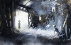 Rule 34 | 2boys, aged down, black bodysuit, bodysuit, commentary request, dual persona, from side, grass, hair over one eye, highres, indoors, kaneki ken, koujima shikasa, light, long sleeves, looking at another, multiple boys, nature, outdoors, plant, ruins, short hair, standing, tokyo ghoul, tree, window