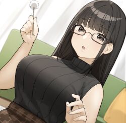 Rule 34 | 1girl, bare arms, black hair, black sweater, breasts, dutch angle, glasses, grey eyes, hands up, indoors, lap pillow, large breasts, long hair, looking at viewer, mimikaki, office lady, ol mahonanoka, open mouth, original, plaid, plaid skirt, ribbed sweater, sidelocks, sitting, skirt, sleeveless, sleeveless sweater, solo, sweater, sweater tucked in, turtleneck, turtleneck sweater, upper body