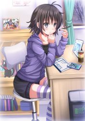 Rule 34 | 1girl, black hair, blue eyes, bookshelf, can, canned coffee, cellphone, drawing (object), drink can, highres, ipad, iphone, jacket, kazenokaze, nichijou, original, pen, phone, picture frame, purple thighhighs, sakamoto (nichijou), short hair, short shorts, shorts, smartphone, stool, striped clothes, striped thighhighs, table, tablet pc, thighhighs, trash can, window, zettai ryouiki