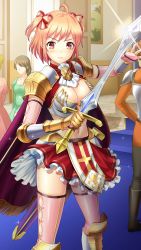 Rule 34 | 1girl, ahoge, armor, bow, breastplate, breasts, brown eyes, cape, cleavage, closed mouth, doukyuusei another world, elbow gloves, faceless, faceless female, game cg, gloves, hair bow, holding, holding sword, holding weapon, indoors, layered skirt, medium breasts, midriff, miniskirt, navel, official art, orange hair, pauldrons, pink gloves, pink thighhighs, red cape, red skirt, sendou chika, shiny clothes, shiny legwear, short hair, shoulder armor, skirt, solo focus, stomach, sword, thighhighs, two side up, v-shaped eyebrows, weapon, white bow