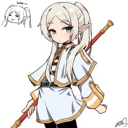 Rule 34 | 1girl, = =, capelet, earrings, elf, expressionless, frieren, green eyes, highres, holding, holding staff, jewelry, koonowen, long hair, looking at viewer, pointy ears, signature, simple background, solo, sousou no frieren, staff, white background, white hair