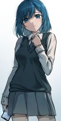 Rule 34 | 1girl, :|, absurdres, black sweater vest, blue eyes, blue hair, blue necktie, blush, breasts, breasts apart, buttoned cuffs, cellphone, closed mouth, collared shirt, commentary, cowboy shot, grey skirt, hand on own chest, head tilt, highres, holding, holding phone, kurokawa akane, long bangs, long sleeves, looking at viewer, luzzi (milllim), medium hair, miniskirt, necktie, oshi no ko, phone, pleated skirt, school uniform, shirt, simple background, skirt, sleeve cuffs, small breasts, smartphone, solo, sweater vest, white background, white shirt