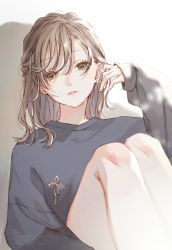 Rule 34 | 1girl, ao+beni, brown eyes, brown hair, grey sweater, hand up, head tilt, highres, knees up, legs together, lips, long hair, long sleeves, looking at viewer, original, parted lips, shadow, sitting, solo, sweater