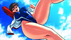 Rule 34 | 1girl, breasts, brown hair, capcom, competition swimsuit, covered erect nipples, curvy, headband, jacket, jadenkaiba, kasugano sakura, large breasts, medium breasts, official alternate costume, one-piece swimsuit, open clothes, open jacket, red headband, short hair, sky, solo, street fighter, street fighter v, swimsuit, thick thighs, thighs, third-party edit, track suit, unzipped, wide hips