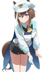 Rule 34 | 1girl, absurdres, adjusting clothes, animal ears, ascot, asobi nin, black shorts, blue cape, blue eyes, breasts, brown hair, bug, butterfly, cape, character name, cheval grand (umamusume), commentary request, cowboy shot, gloves, hair between eyes, hat, highres, horse ears, horse girl, horse tail, insect, jacket, long sleeves, looking at viewer, medium breasts, midriff peek, multicolored hair, navel, peaked cap, shorts, simple background, single glove, solo, streaked hair, tail, umamusume, white background, white gloves, white hair, white hat, white jacket, yellow ascot