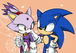 Rule 34 | :o, bad id, bad pixiv id, blaze the cat, blush, body fur, creature, fur trim, furry, furry female, furry male, gloves, green eyes, orange background, parted lips, pointy ears, ponytail, sega, simple background, sonic (series), sonic rush, sonic the hedgehog, spikes, white gloves, yellow eyes