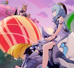 Rule 34 | 1boy, 2girls, ahoge, animal, animal ears, armor, bare legs, bare shoulders, barefoot, black headwear, breasts, can (honkai impact), candy, cat, cat ears, cat girl, cat tail, chinese commentary, closed mouth, dress, food, griseo, griseo (starry impression), hand on own cheek, hand on own face, helmet, heterochromia, highres, honkai (series), honkai impact 3rd, leg up, logo, looking at another, medium hair, mr.knight (honkai impact), multiple girls, official art, official wallpaper, pardofelis (honkai impact), parted lips, pine tree, pink sky, purple eyes, sky, small breasts, tail, tree, white armor, white dress