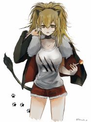 Rule 34 | absurdres, animal ears, arknights, black jacket, blonde hair, breasts, candy, cleavage, collar, collarbone, food, fur-trim, fur-trimmed jacket, fur trim, highres, jacket, lollipop, looking at viewer, ponytail, red shorts, satsuki.e, shorts, sidelocks, siege (arknights), solo, tank top, yellow eyes
