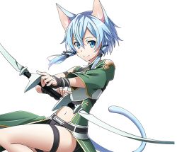 Rule 34 | 1girl, animal ears, armor, black ribbon, black shorts, blue eyes, blue hair, bow (weapon), breastplate, cat ears, cat tail, hair between eyes, hair ribbon, holding, holding bow (weapon), holding weapon, midriff, navel, ribbon, short hair, short shorts, shorts, sidelocks, sinon (sao-alo), smile, solo, sword art online, tail, thigh strap, transparent background, weapon