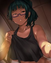 Rule 34 | 1girl, absurdres, bad id, bad pixiv id, bare shoulders, black tank top, blunt bangs, breasts, cafekun, ceiling, collarbone, commentary, commission, crop top, english commentary, foreshortening, from below, glasses, green hair, half-closed eyes, hand up, highres, jujutsu kaisen, large breasts, looking at viewer, no bra, parted lips, pixiv commission, purple-framed eyewear, raised eyebrows, see-through silhouette, semi-rimless eyewear, sidelocks, solo, steaming body, tank top, underboob, zenin maki