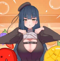 Rule 34 | 1girl, :o, apple, belt, beret, black belt, black hat, black jacket, black ribbon, blue hair, breasts, chest belt, cleavage, clothes lift, commentary request, food, fruit, grapes, hat, hlsn dglaq3g, jacket, large breasts, lifted by self, long hair, long sleeves, looking at viewer, nijisanji, pineapple, ribbon, shirt, shirt lift, solo, suika game, turtleneck, very long hair, virtual youtuber, white shirt, yamagami karuta, yamagami karuta (3rd costume), yellow eyes