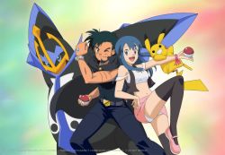 Rule 34 | 1boy, 1girl, :d, aged up, ash ketchum, belt, belt buckle, blue eyes, blue hair, brown eyes, brown thighhighs, buckle, clenched hand, closed mouth, commentary, creatures (company), dawn (pokemon), empoleon, english commentary, eyelashes, facial hair, game freak, gen 1 pokemon, gen 4 pokemon, hand up, holding, holding poke ball, leg up, long hair, navel, nintendo, noelia ponce, one eye closed, open mouth, pants, pikachu, pink footwear, pink skirt, poke ball, poke ball (basic), pokemon, pokemon (anime), pokemon (creature), pokemon dppt (anime), ribbon, scar, scar on arm, shirt, shoes, short hair, skirt, smile, thighhighs, white shirt, wrist ribbon, z-ring