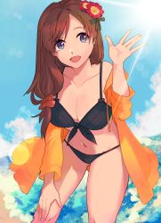 Rule 34 | 1girl, bare shoulders, beach, bikini, black bikini, blue sky, blush, breasts, brown hair, cleavage, collarbone, fate/grand order, fate (series), flower, grey eyes, hair flower, hair ornament, highres, jacket, large breasts, long hair, long sleeves, looking at viewer, mata hari (fate), navel, off shoulder, open clothes, open jacket, open mouth, orange jacket, sky, smile, solo, swimsuit, thighs, ugmnmn