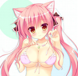 Rule 34 | 1girl, ameto yuki, animal ear fluff, animal ears, bad id, bad pixiv id, bikini, bikini top only, blush, breasts, brown eyes, cat ears, cleavage, front-tie top, hair ribbon, jewelry, large breasts, long hair, looking at viewer, nail polish, necklace, original, pink bikini, pink hair, polka dot, ribbon, shiny skin, smile, solo, swimsuit, twintails, underboob, undressing, untied
