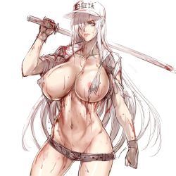 Rule 34 | 10s, 1girl, areola slip, arm up, baseball cap, belt, belt buckle, belt skirt, black belt, black gloves, blood, blood on clothes, breasts, buckle, clenched hand, closed mouth, clothes writing, collarbone, commentary request, contrapposto, convenient censoring, covered erect nipples, cowboy shot, dripping, fingerless gloves, furrowed brow, gloves, gluteal fold, hair over one eye, half-closed eye, hat, hataraku saibou, hataraku saibou black, highres, holding, holding sword, holding weapon, huge breasts, jacket, lips, long hair, long sleeves, looking at viewer, loose belt, navel, nose, open clothes, open jacket, puffy nipples, q azieru, sagging breasts, serious, simple background, sketch, sleeves rolled up, solo, standing, sword, toned, translation request, u-0001, u-1196, very long hair, weapon, white background, white blood cell (hataraku saibou), white eyes, white hair, white hat, white jacket