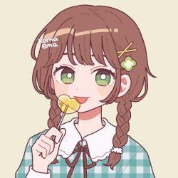 Rule 34 | 1girl, artist name, braid, bright pupils, candy, emma (kumaema), food, green eyes, hair ornament, hand up, highres, lollipop, long sleeves, looking at viewer, original, plaid, plaid shirt, shirt, simple background, solo, tan background, tongue, tongue out, twin braids, upper body, white pupils, x hair ornament