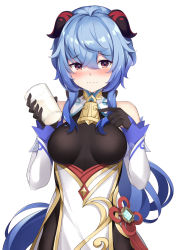 Rule 34 | 1girl, 3:, absurdres, ahoge, bare shoulders, bell, black gloves, blue hair, blush, bodystocking, bow, breasts, closed mouth, cowbell, cup, detached sleeves, drinking glass, embarrassed, ganyu (genshin impact), genshin impact, gloves, goat horns, gold trim, hair bow, hands up, highres, holding, holding cup, horns, long hair, long sleeves, looking at viewer, low ponytail, medium breasts, milk, nose blush, pelvic curtain, red eyes, simple background, solo, sweat, very long hair, white background, yukinoshita (shaonjishi)