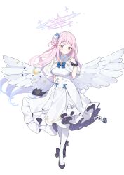 Rule 34 | 1girl, absurdres, baffu, blue archive, blue bow, blue bowtie, blush, bow, bowtie, closed mouth, dress, frilled dress, frills, full body, gun, hair ornament, halo, highres, long hair, looking at viewer, mika (blue archive), moon (ornament), pink hair, simple background, solo, standing, star (symbol), weapon, white background, white dress, wings, yellow eyes