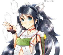 Rule 34 | 10s, 1girl, absurdres, armor, asymmetric gloves, asymmetrical gloves, bad id, bad twitter id, black hair, blue eyes, boruhis, elbow gloves, fingerless gloves, gloves, hair ribbon, highres, japanese clothes, kantai collection, katsuragi (kancolle), light smile, long hair, looking at viewer, messy hair, ponytail, remodel (kantai collection), ribbon, shikigami, simple background, solo, twitter username, uneven gloves, v