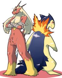 Rule 34 | blaziken, blue eyes, blush, chizi, closed mouth, colored sclera, creatures (company), crossed arms, eye contact, fire, from behind, full body, furry, game freak, gen 2 pokemon, gen 3 pokemon, highres, legs apart, looking at another, looking back, navel, nintendo, notice lines, pokemon, pokemon (creature), red eyes, simple background, standing, typhlosion, white background, yellow sclera