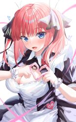 Rule 34 | 1girl, absurdres, alternate costume, black dress, blue eyes, blush, breasts, butterfly hair ornament, cleavage, commentary request, dress, enmaided, fingernails, go-toubun no hanayome, hair ornament, hair ribbon, heart, heart hands, highres, large breasts, looking at viewer, maid, medium hair, nail polish, nakano nino, open mouth, pink hair, pink nails, ribbon, short sleeves, smile, solo, souyoru