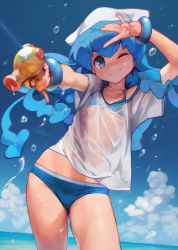 Rule 34 | 1girl, ;), absurdres, arm up, armpits, ataruman, beach, bikini, bikini under clothes, blue bikini, blue eyes, blue hair, blue sky, bracelet, closed mouth, cloud, contrapposto, cowboy shot, day, dutch angle, flat chest, gluteal fold, hands up, hat, highres, holding, horizon, ikamusume, jewelry, long hair, looking at viewer, one eye closed, outdoors, photoshop (medium), pinky out, see-through, see-through shirt, shinryaku! ikamusume, shirt, short sleeves, sky, smile, solo, squid hat, standing, swimsuit, swimsuit under clothes, t-shirt, tentacle hair, water, water drop, water gun, wet, wet clothes, wet shirt, white hat, white shirt