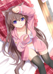 Rule 34 | 1girl, :p, animal ear fluff, animal ears, arm up, black thighhighs, breasts, brown hair, cat ears, cat girl, cat tail, cleavage, closed mouth, collarbone, commentary request, drawstring, dutch angle, frilled pillow, frills, hair between eyes, hand up, hood, hood down, hooded jacket, jacket, long hair, long sleeves, looking at viewer, lying, medium breasts, on back, original, panties, pillow, pink jacket, plaid pillow, puffy long sleeves, puffy sleeves, purple eyes, romaji commentary, sleeves past wrists, smile, solo, tail, thighhighs, tongue, tongue out, tukino neru, underwear, very long hair, white panties