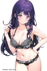 Rule 34 | 1girl, armpits, bare shoulders, blush, bra, breasts, cleavage, collarbone, hair between eyes, hand on own hip, highres, hoshino ai (oshi no ko), lace, lace-trimmed bra, lace-trimmed panties, lace trim, large breasts, lingerie, long hair, looking at viewer, machi (7769), nail polish, navel, oshi no ko, panties, purple eyes, purple hair, smile, solo, star-shaped pupils, star (symbol), star in eye, symbol-shaped pupils, symbol in eye, thigh gap, thighs, underwear, underwear only, white background