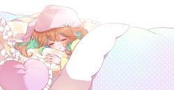 Rule 34 | 1girl, blush, colored inner hair, green hair, hair behind ear, hat, heart, hololive, hololive english, mamaloni, multicolored hair, nightcap, official art, open mouth, orange hair, pajamas, pillow, pink hat, sleeping, solo, takanashi kiara, under covers, virtual youtuber