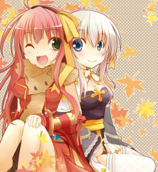Rule 34 | 2girls, :d, ahoge, animal, animal around neck, arch bishop (ragnarok online), autumn leaves, bangle, black dress, blue eyes, blush, bow, bracelet, breasts, brown hairband, cleavage, cleavage cutout, closed mouth, clothing cutout, commentary request, cross, detached sleeves, dress, falling leaves, feet out of frame, fishnet thighhighs, fishnets, fox, frilled thighhighs, frills, green eyes, hair between eyes, hair bow, hairband, high heels, jewelry, leaf, long hair, looking at another, looking to the side, maple leaf, medium breasts, multiple girls, one eye closed, open mouth, pelvic curtain, pink hair, professor (ragnarok online), ragnarok online, red dress, red sleeves, sash, shindo hachigo, sitting, sleeveless, sleeveless dress, smile, striped sleeves, thighhighs, two-tone dress, white dress, white hair, white thighhighs, yellow bow, yellow sash, yellow sleeves