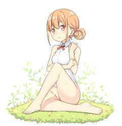 Rule 34 | 1girl, bare arms, bare shoulders, barefoot, blush, bottomless, breasts, brown hair, closed mouth, collarbone, collared shirt, full body, groin, hair between eyes, hair bun, hand up, hatsunatsu, knee up, looking at viewer, on grass, red eyes, shirt, sidelocks, single hair bun, sitting, sleeveless, sleeveless shirt, small breasts, solo, white background, white shirt, xiaoyuan (you can eat the girl), you can eat the girl