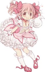 Rule 34 | 1girl, :d, absurdres, bow, bubble skirt, eyes visible through hair, full body, gloves, highres, hitode, kaname madoka, kyubey, looking at viewer, magia record: mahou shoujo madoka magica gaiden, magical girl, mahou shoujo madoka magica, mahou shoujo madoka magica (anime), open mouth, outstretched arms, pink eyes, pink hair, short hair, short twintails, skirt, small kyubey, smile, solo, twintails, white gloves, white legwear