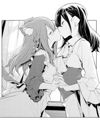 Rule 34 | 2girls, animal ear fluff, animal ears, blush, commentary request, eyebrows hidden by hair, closed eyes, greyscale, highres, holding hands, indoors, interlocked fingers, kiss, long hair, maid, maid headdress, monochrome, multiple girls, original, tail, yuri, zanka (the-only-neat)