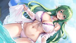 Rule 34 | 1girl, :d, bare shoulders, bikini, blush, breasts, cleavage, commentary, english commentary, frilled bikini, frills, green eyes, green hair, highres, large breasts, long hair, long sleeves, looking at viewer, masaki nanaya, mixed-language commentary, navel, off shoulder, open mouth, original, outdoors, partially submerged, pointy ears, sideboob, smile, solo, stomach, swimsuit, thighs, underboob, water, white bikini