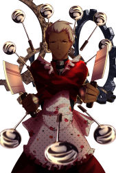 Rule 34 | 1boy, apron, archer (fate), cutlery, dark skin, dark-skinned male, dual wielding, fate/stay night, fate (series), floral print, foreshortening, gears, highres, holding, kitchen knife, knife, male focus, meme, parody, rose print, solo, spoon, unlimited blade works (fate), white background, white hair, wu wen