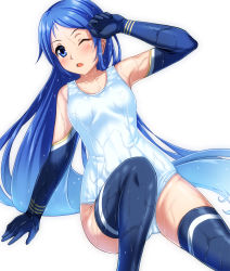 Rule 34 | 1girl, ;o, alternate costume, bare shoulders, black gloves, black thighhighs, blue eyes, blue hair, blush, breasts, collarbone, elbow gloves, gloves, gradient hair, kantai collection, long hair, looking at viewer, multicolored hair, one-piece swimsuit, one eye closed, samidare (kancolle), school swimsuit, simple background, sitting, small breasts, solo, swept bangs, swimsuit, thighhighs, very long hair, wet, wet clothes, wet swimsuit, white background, white one-piece swimsuit, white school swimsuit, zanntetu