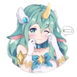Rule 34 | 1girl, bare shoulders, blush, bow, collarbone, cropped torso, frown, gloves, green bow, green hair, hair between eyes, hands up, horns, kureko0w0, league of legends, long hair, looking at viewer, one eye closed, pointy ears, single horn, solo, soraka (league of legends), speech bubble, star guardian (league of legends), star guardian soraka, tearing up, translation request, white gloves, wing hair ornament